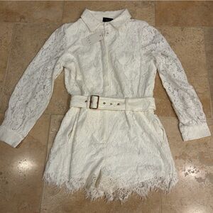 Vici White Lace Long-Sleeve Romper with Belt-NWT